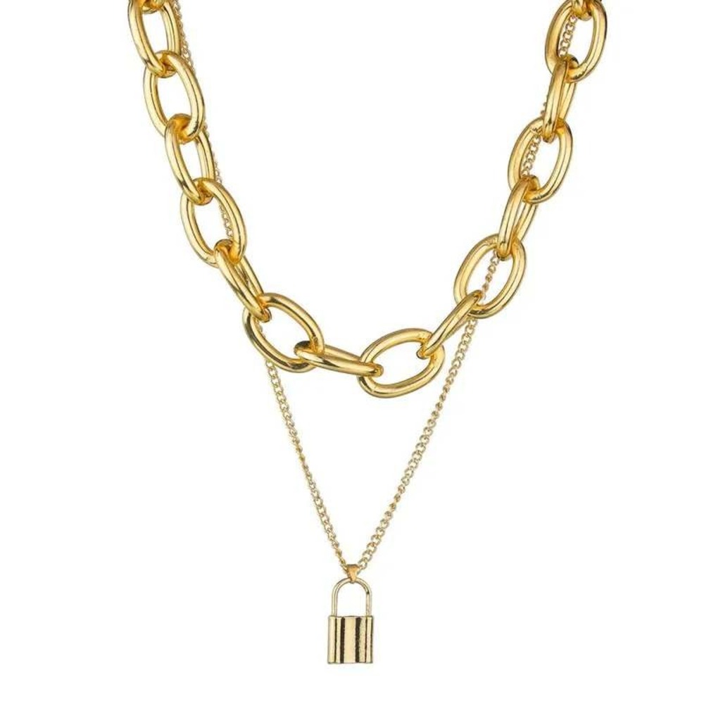 Gold Tone Layered Padlock Necklace Women Chunky Chain Link Minimal Grunge Y2K